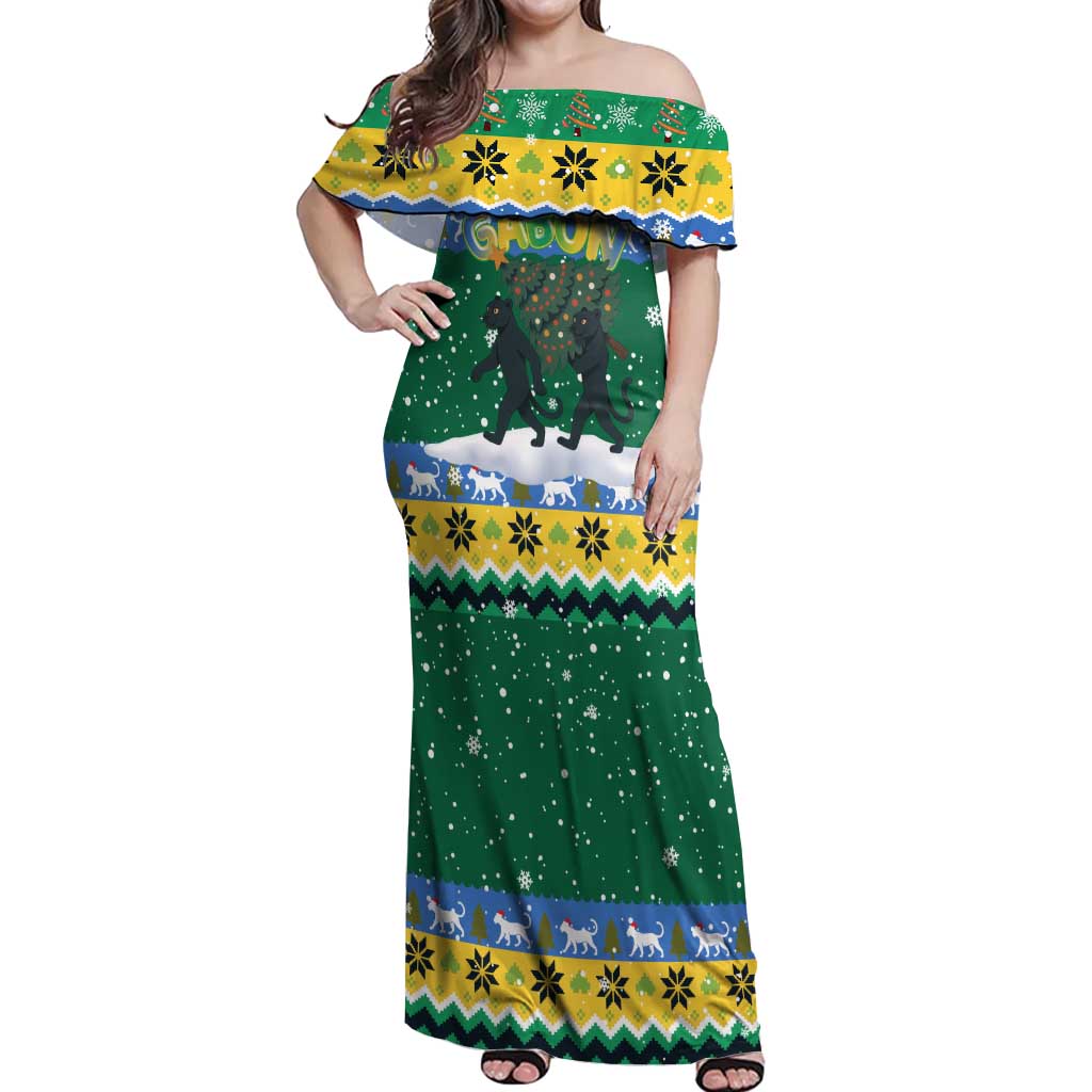 Gabon Christmas Off Shoulder Maxi Dress with Black Panthers Carrying Tree and Green Yellow Snowflake Pattern - Wonder Print Shop