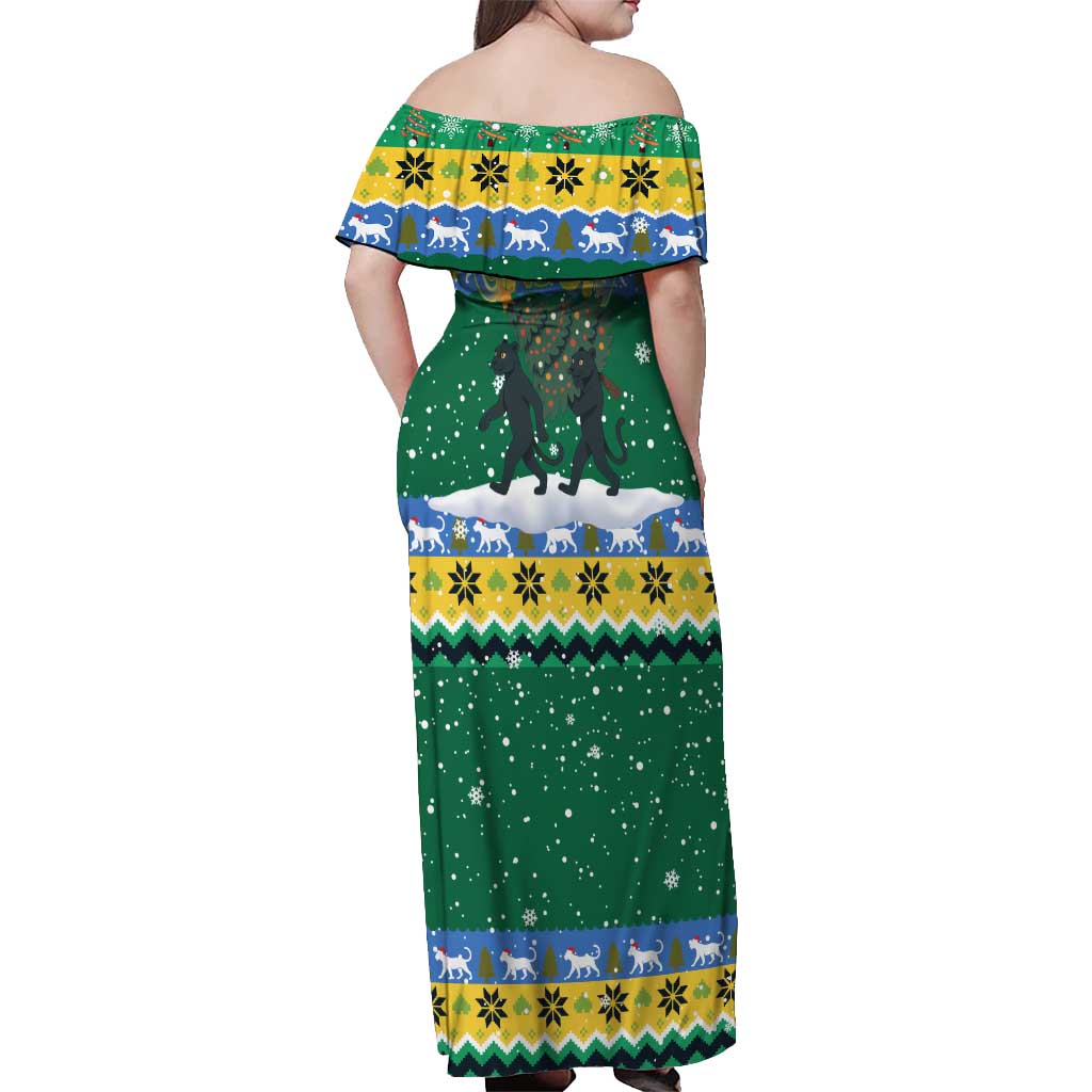 Gabon Christmas Off Shoulder Maxi Dress with Black Panthers Carrying Tree and Green Yellow Snowflake Pattern - Wonder Print Shop