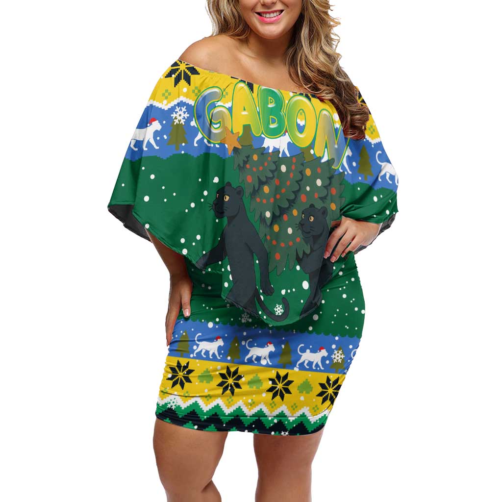 Gabon Christmas Off Shoulder Short Dress with Black Panthers Carrying Tree and Green Yellow Snowflake Pattern - Wonder Print Shop