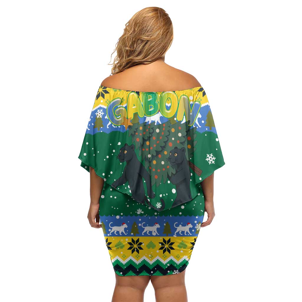Gabon Christmas Off Shoulder Short Dress with Black Panthers Carrying Tree and Green Yellow Snowflake Pattern - Wonder Print Shop