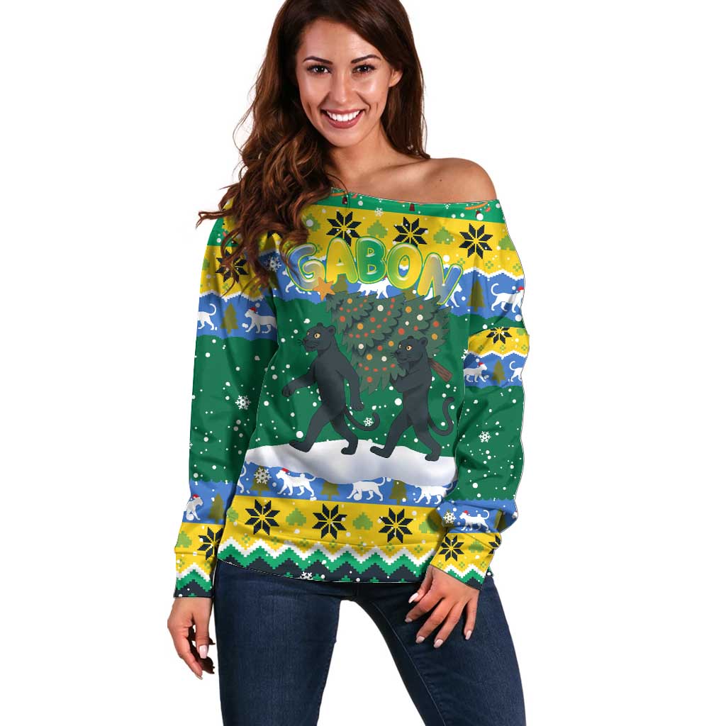 Gabon Christmas Off Shoulder Sweater with Black Panthers Carrying Tree and Green Yellow Snowflake Pattern - Wonder Print Shop