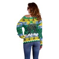 Gabon Christmas Off Shoulder Sweater with Black Panthers Carrying Tree and Green Yellow Snowflake Pattern - Wonder Print Shop