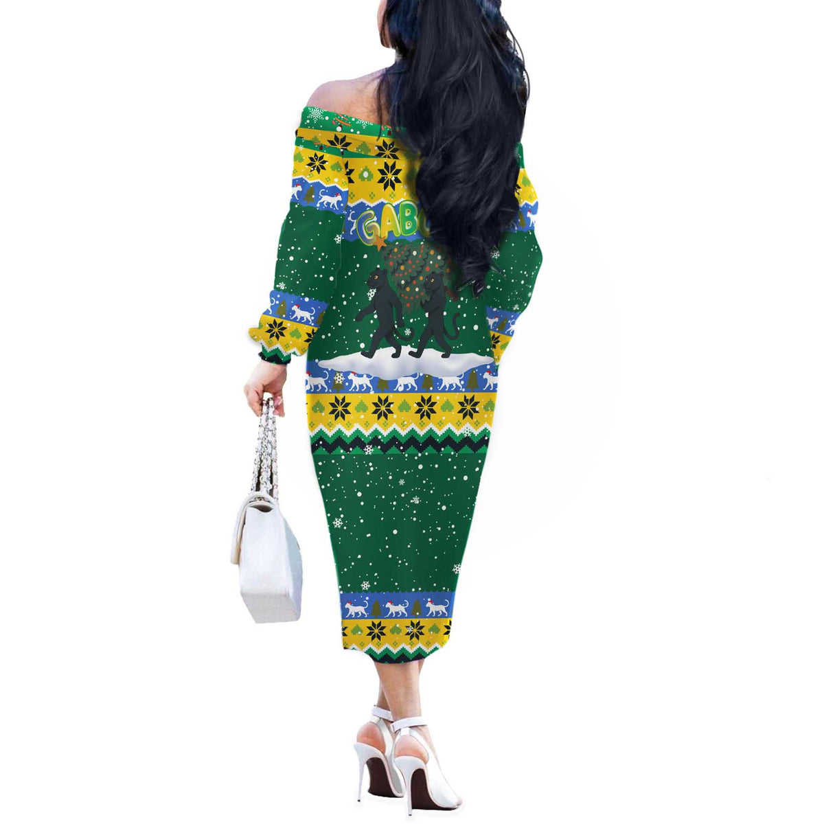 Gabon Christmas Off The Shoulder Long Sleeve Dress with Black Panthers Carrying Tree and Green Yellow Snowflake Pattern - Wonder Print Shop