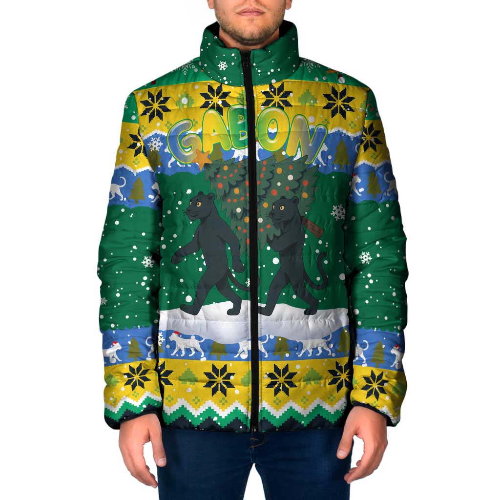 Gabon Christmas Padded Jacket with Black Panthers Carrying Tree and Green Yellow Snowflake Pattern - Wonder Print Shop