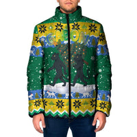 Gabon Christmas Padded Jacket with Black Panthers Carrying Tree and Green Yellow Snowflake Pattern - Wonder Print Shop