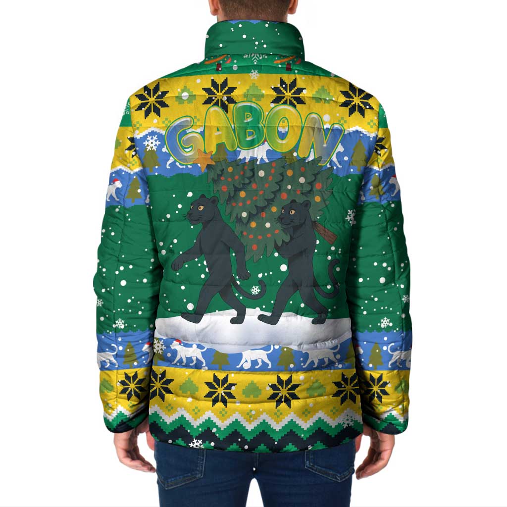 Gabon Christmas Padded Jacket with Black Panthers Carrying Tree and Green Yellow Snowflake Pattern - Wonder Print Shop