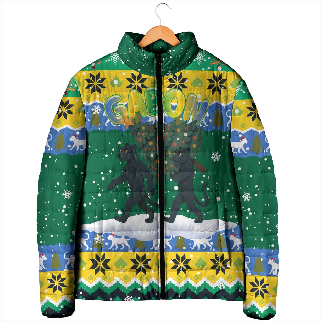 Gabon Christmas Padded Jacket with Black Panthers Carrying Tree and Green Yellow Snowflake Pattern - Wonder Print Shop