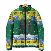 Gabon Christmas Padded Jacket with Black Panthers Carrying Tree and Green Yellow Snowflake Pattern - Wonder Print Shop