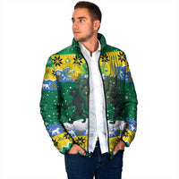 Gabon Christmas Padded Jacket with Black Panthers Carrying Tree and Green Yellow Snowflake Pattern - Wonder Print Shop