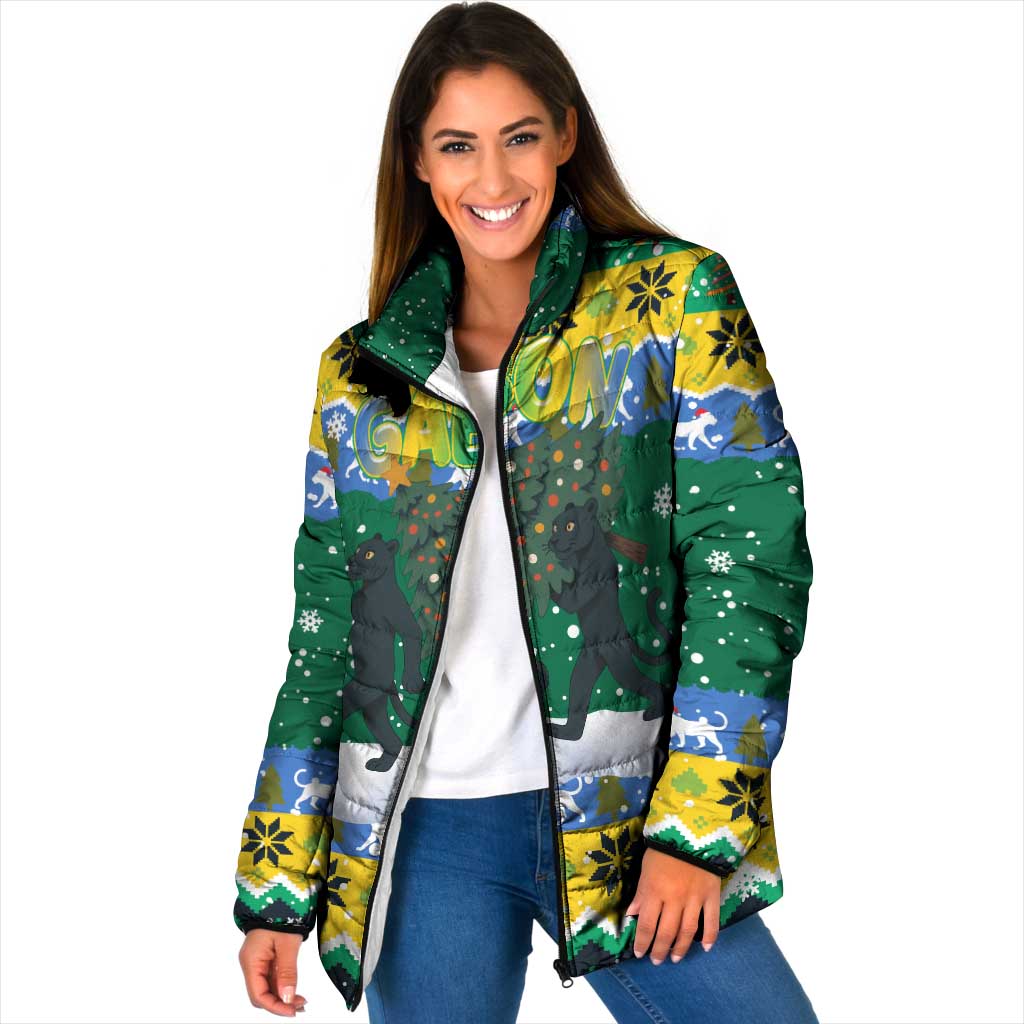 Gabon Christmas Padded Jacket with Black Panthers Carrying Tree and Green Yellow Snowflake Pattern - Wonder Print Shop