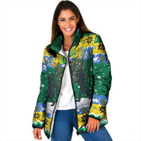 Gabon Christmas Padded Jacket with Black Panthers Carrying Tree and Green Yellow Snowflake Pattern - Wonder Print Shop