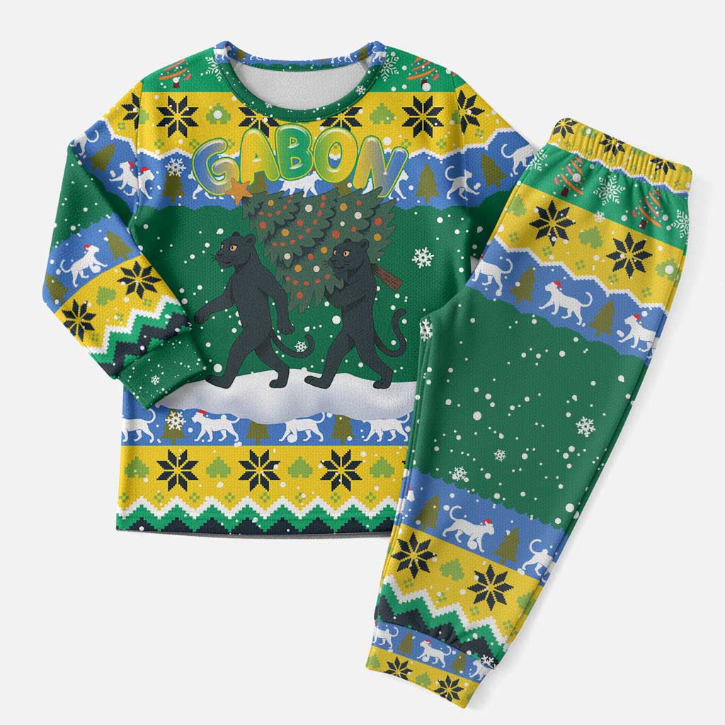 Gabon Christmas Pajama Set with Black Panthers Carrying Tree and Green Yellow Snowflake Pattern - Wonder Print Shop