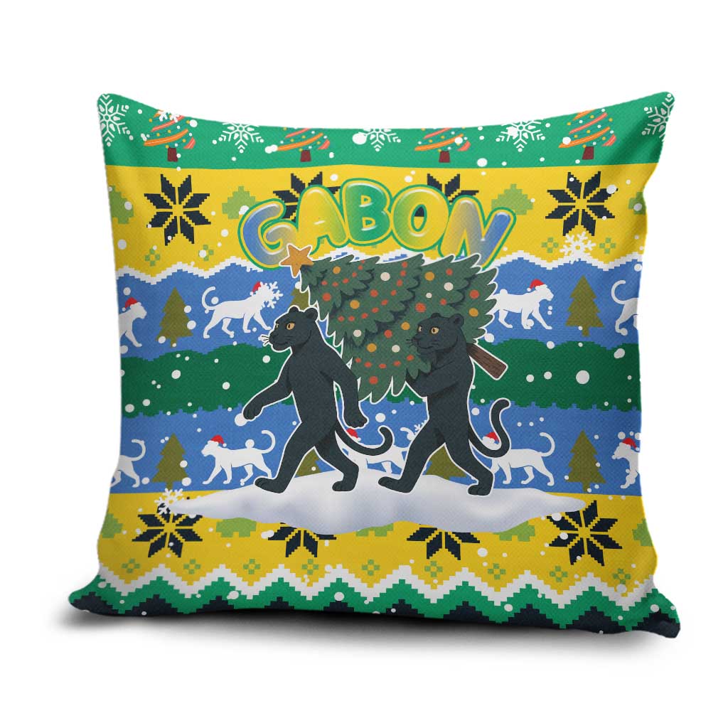 Gabon Christmas Pillow Cover with Black Panthers Carrying Tree and Green Yellow Snowflake Pattern - Wonder Print Shop