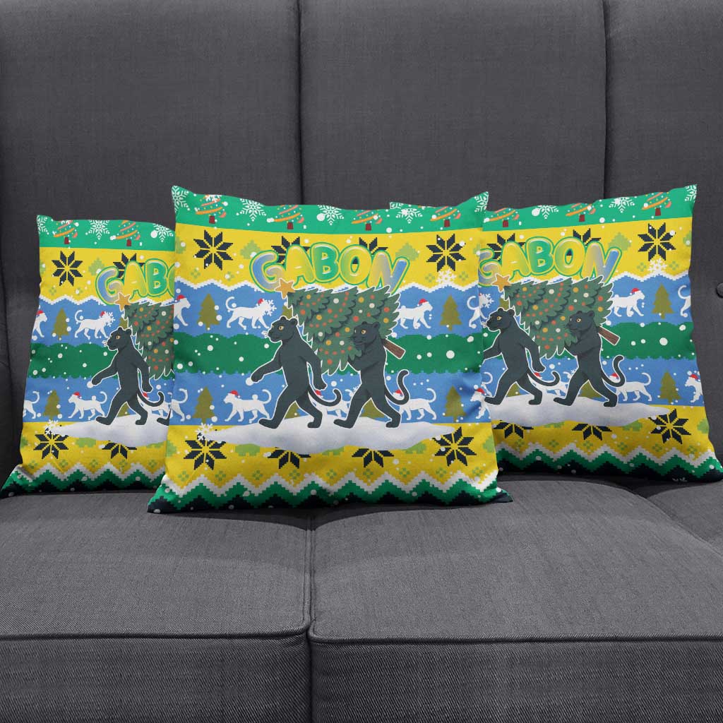 Gabon Christmas Pillow Cover with Black Panthers Carrying Tree and Green Yellow Snowflake Pattern - Wonder Print Shop
