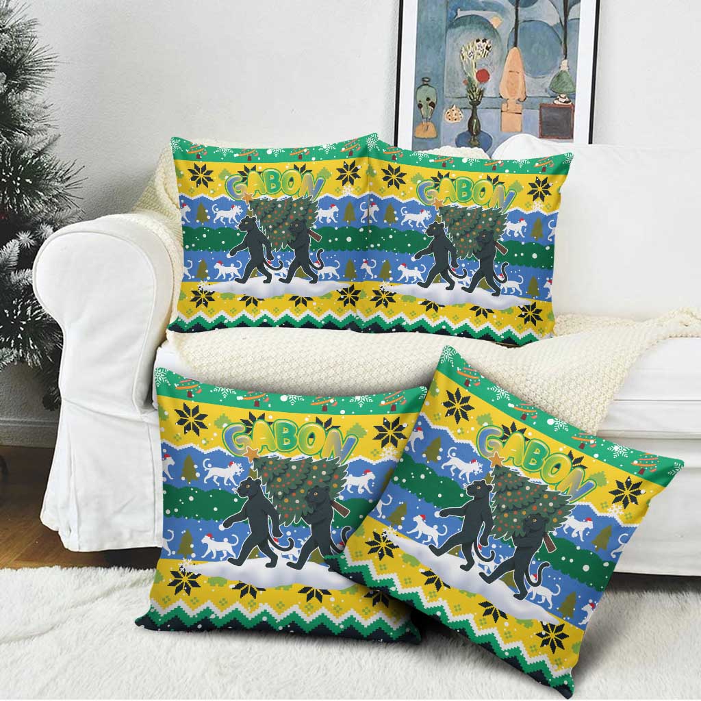 Gabon Christmas Pillow Cover with Black Panthers Carrying Tree and Green Yellow Snowflake Pattern - Wonder Print Shop