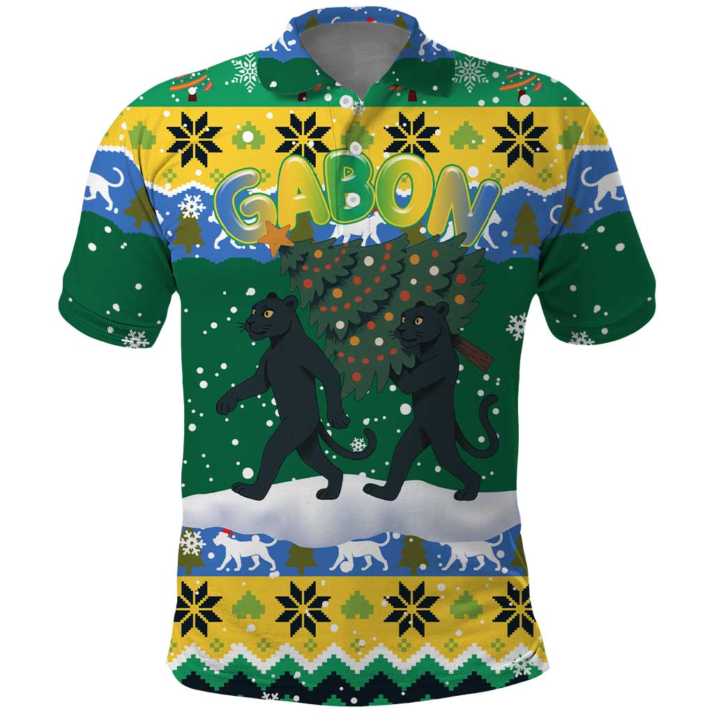 Gabon Christmas Polo Shirt with Black Panthers Carrying Tree and Green Yellow Snowflake Pattern - Wonder Print Shop