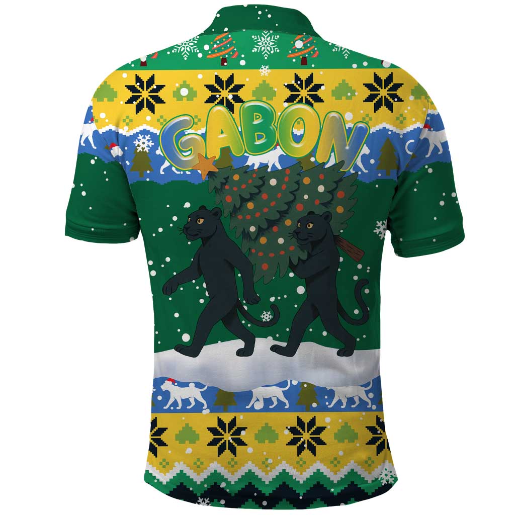 Gabon Christmas Polo Shirt with Black Panthers Carrying Tree and Green Yellow Snowflake Pattern - Wonder Print Shop
