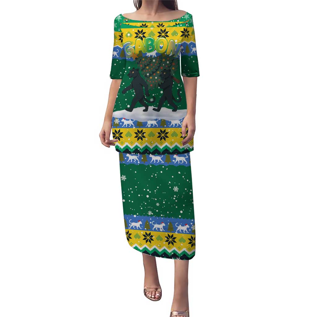 Gabon Christmas Puletasi with Black Panthers Carrying Tree and Green Yellow Snowflake Pattern - Wonder Print Shop