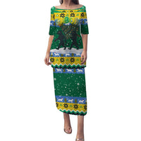 Gabon Christmas Puletasi with Black Panthers Carrying Tree and Green Yellow Snowflake Pattern - Wonder Print Shop