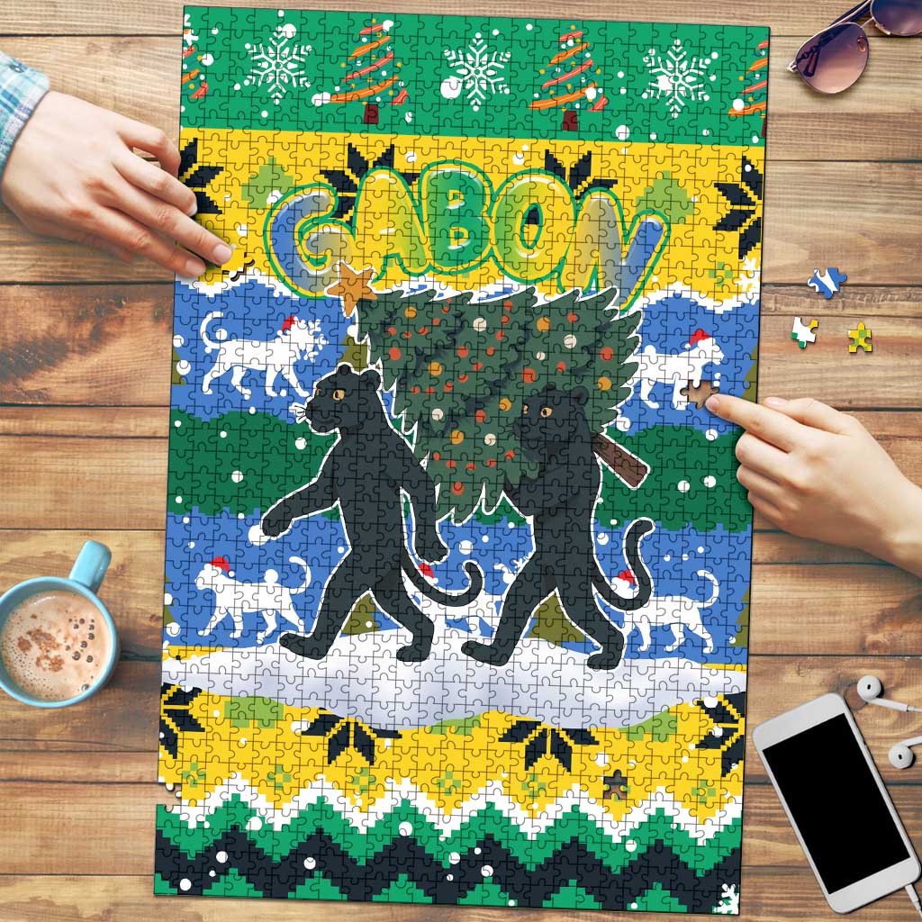 Gabon Christmas Puzzle with Black Panthers Carrying Tree and Green Yellow Snowflake Pattern - Wonder Print Shop