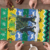 Gabon Christmas Puzzle with Black Panthers Carrying Tree and Green Yellow Snowflake Pattern - Wonder Print Shop