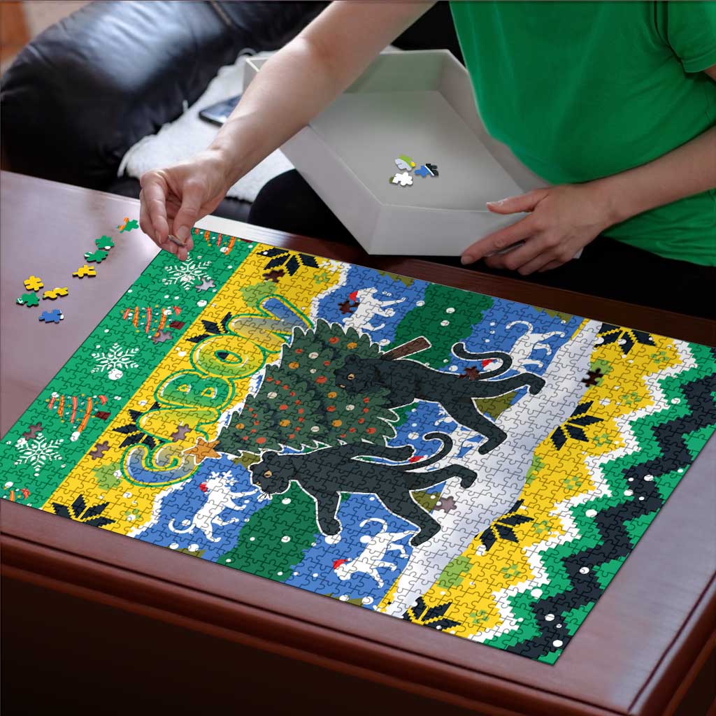 Gabon Christmas Puzzle with Black Panthers Carrying Tree and Green Yellow Snowflake Pattern - Wonder Print Shop