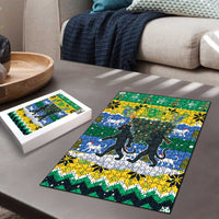 Gabon Christmas Puzzle with Black Panthers Carrying Tree and Green Yellow Snowflake Pattern - Wonder Print Shop