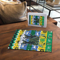 Gabon Christmas Puzzle with Black Panthers Carrying Tree and Green Yellow Snowflake Pattern - Wonder Print Shop