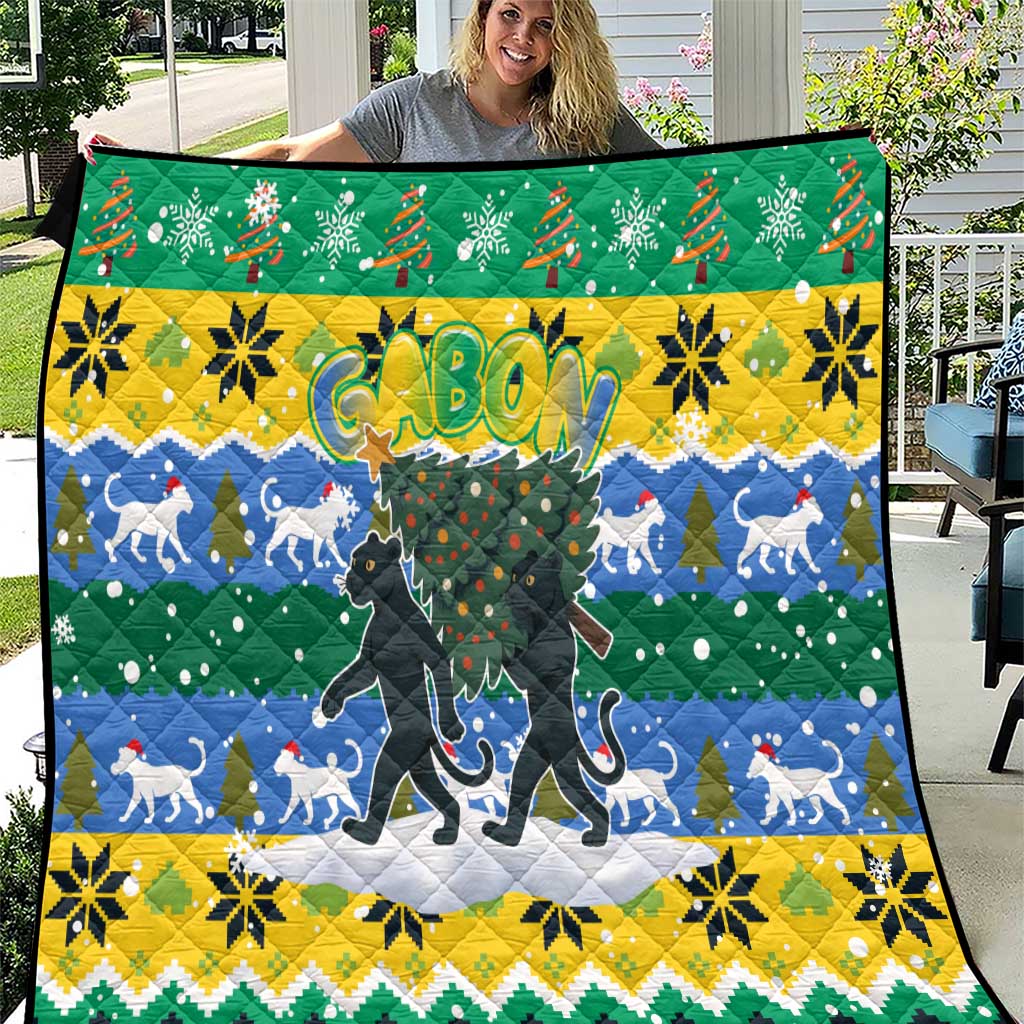 Gabon Christmas Quilt with Black Panthers Carrying Tree and Green Yellow Snowflake Pattern - Wonder Print Shop