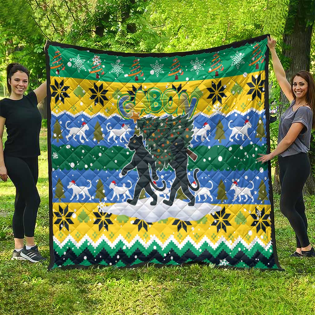 Gabon Christmas Quilt with Black Panthers Carrying Tree and Green Yellow Snowflake Pattern - Wonder Print Shop