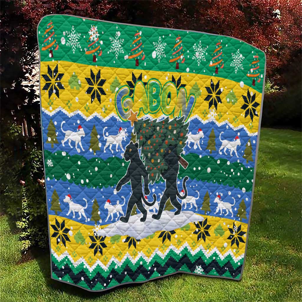 Gabon Christmas Quilt with Black Panthers Carrying Tree and Green Yellow Snowflake Pattern - Wonder Print Shop
