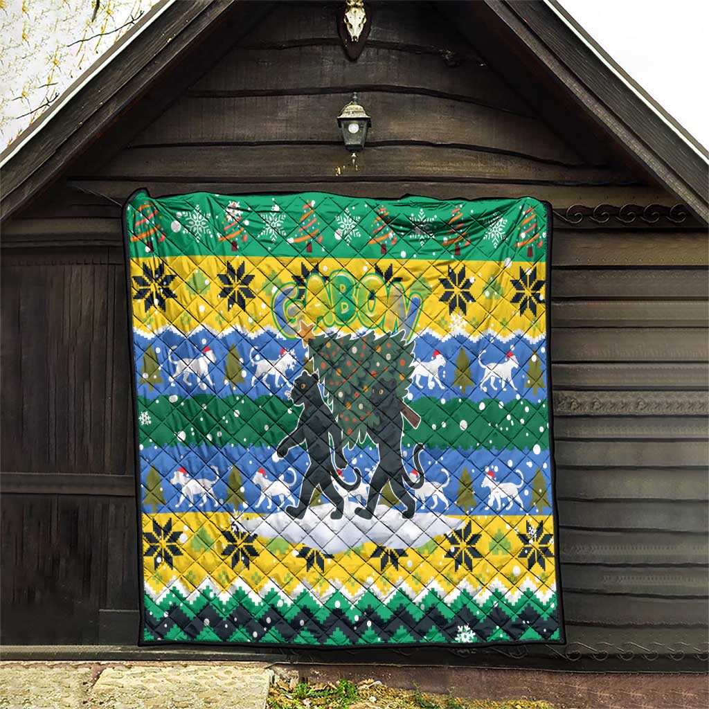 Gabon Christmas Quilt with Black Panthers Carrying Tree and Green Yellow Snowflake Pattern - Wonder Print Shop