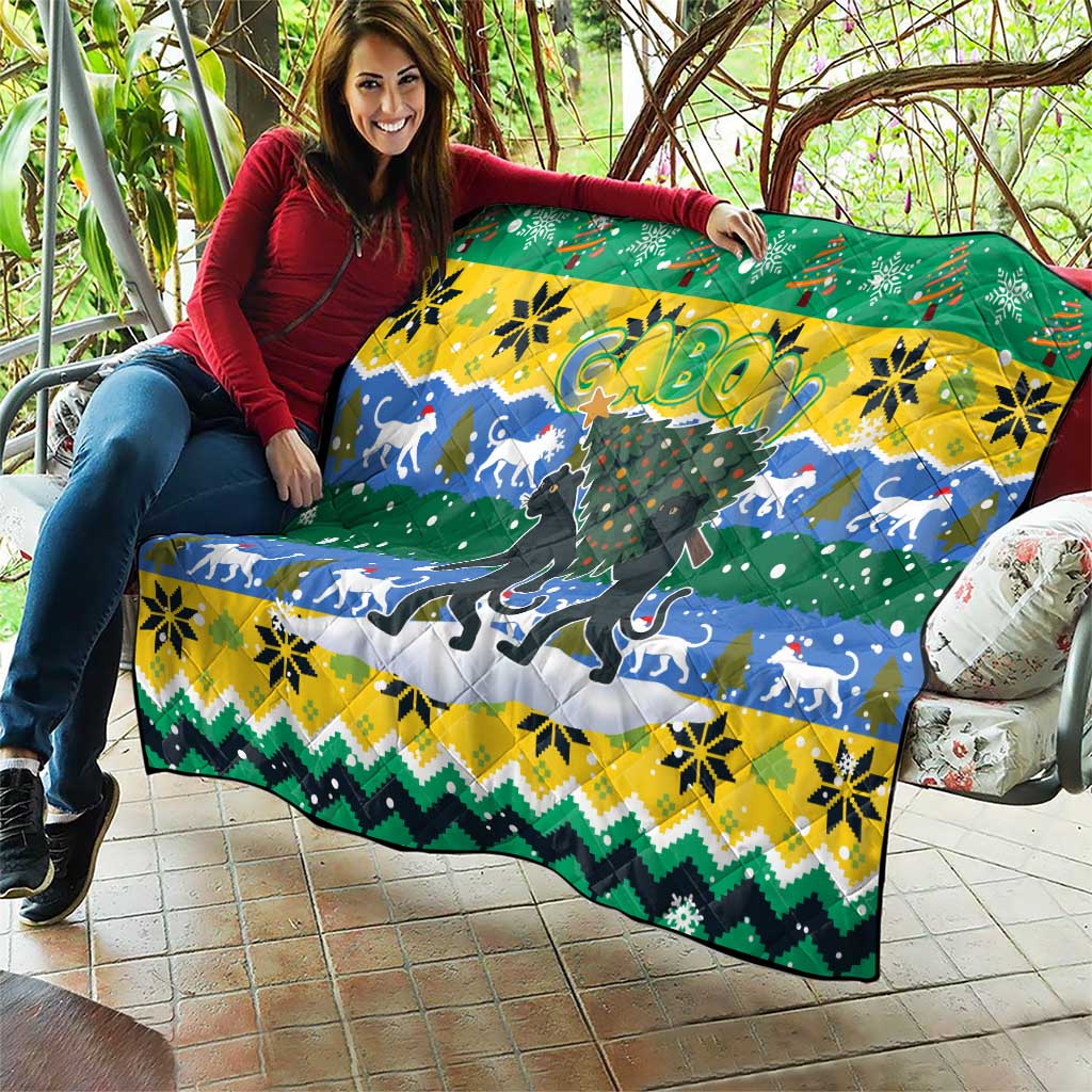 Gabon Christmas Quilt with Black Panthers Carrying Tree and Green Yellow Snowflake Pattern - Wonder Print Shop