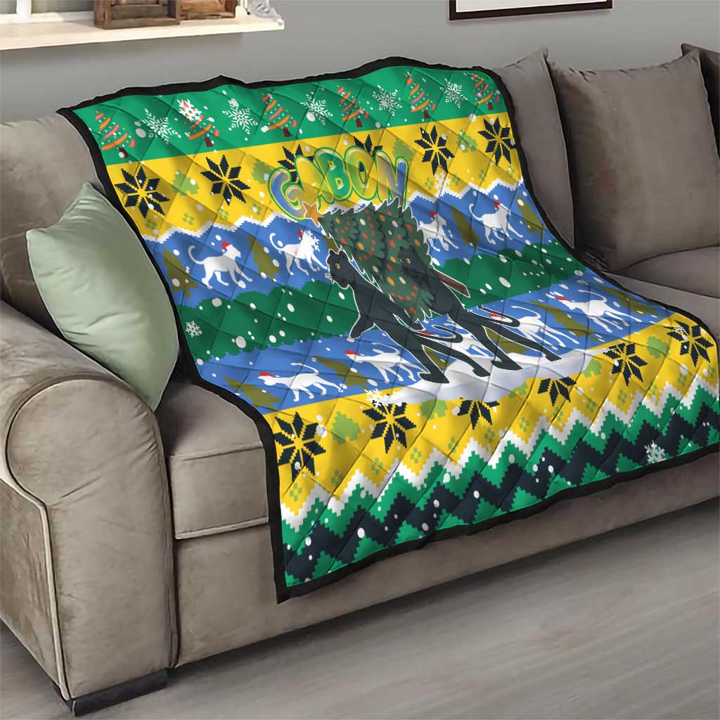 Gabon Christmas Quilt with Black Panthers Carrying Tree and Green Yellow Snowflake Pattern - Wonder Print Shop