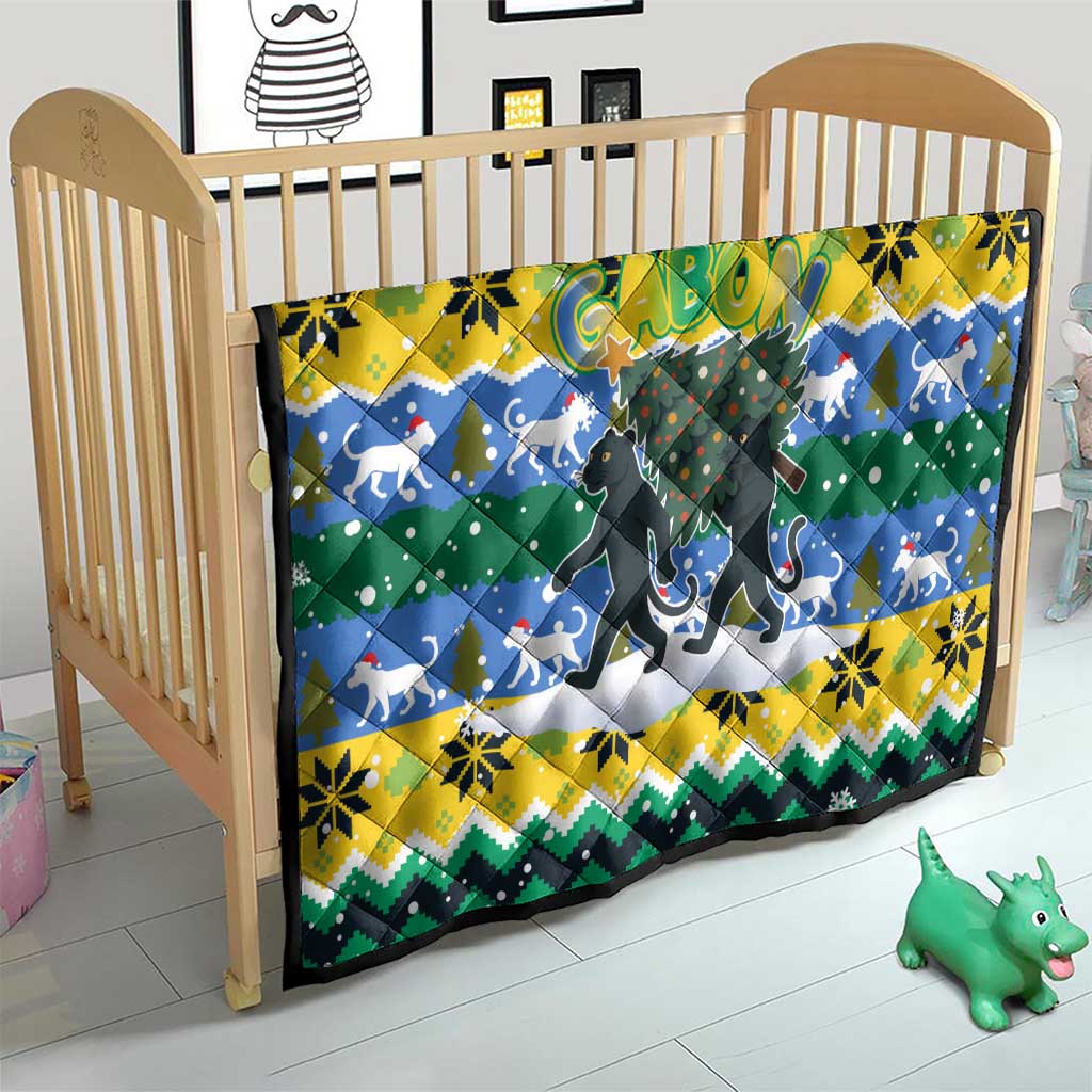 Gabon Christmas Quilt with Black Panthers Carrying Tree and Green Yellow Snowflake Pattern - Wonder Print Shop