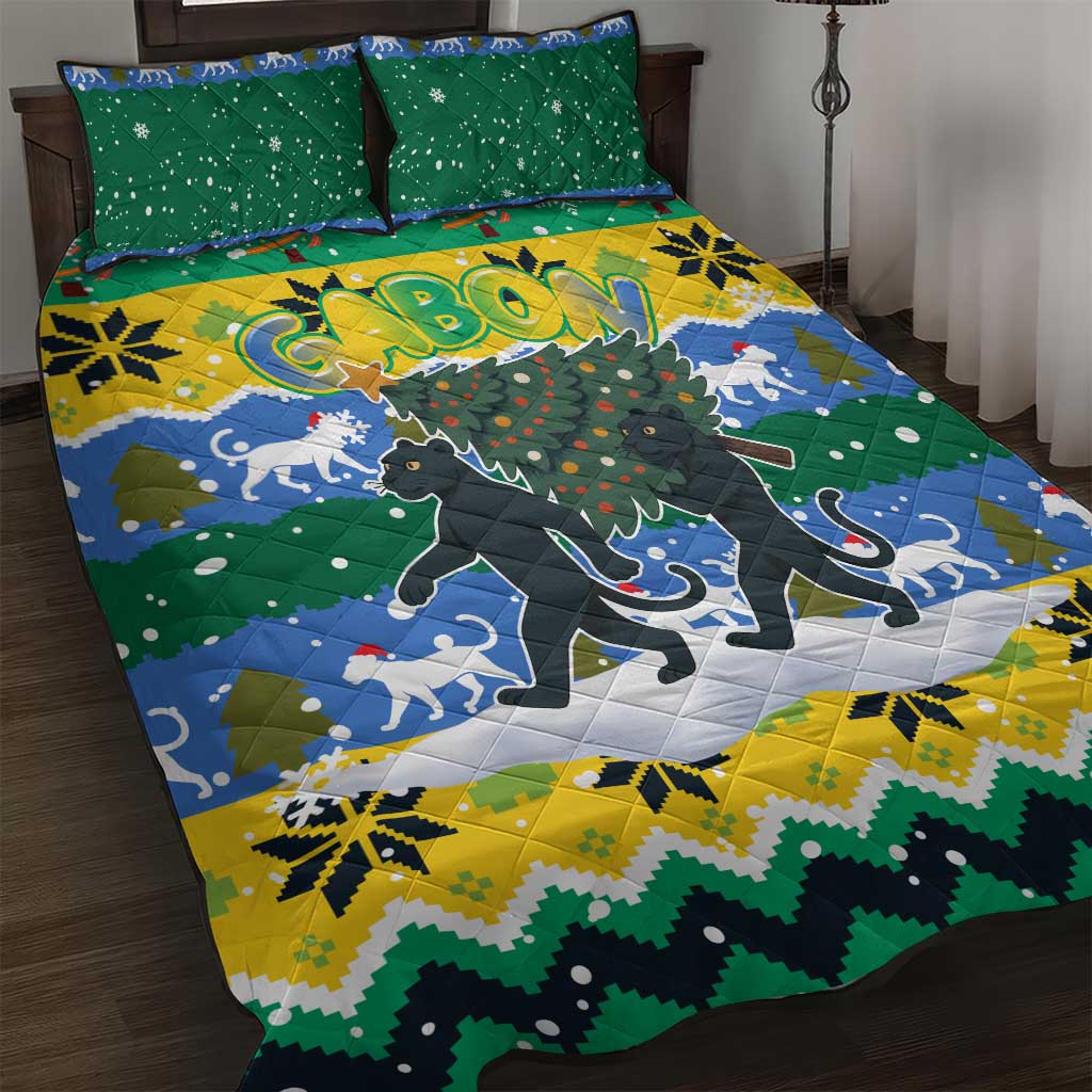 Gabon Christmas Quilt Bed Set with Black Panthers Carrying Tree and Green Yellow Snowflake Pattern - Wonder Print Shop