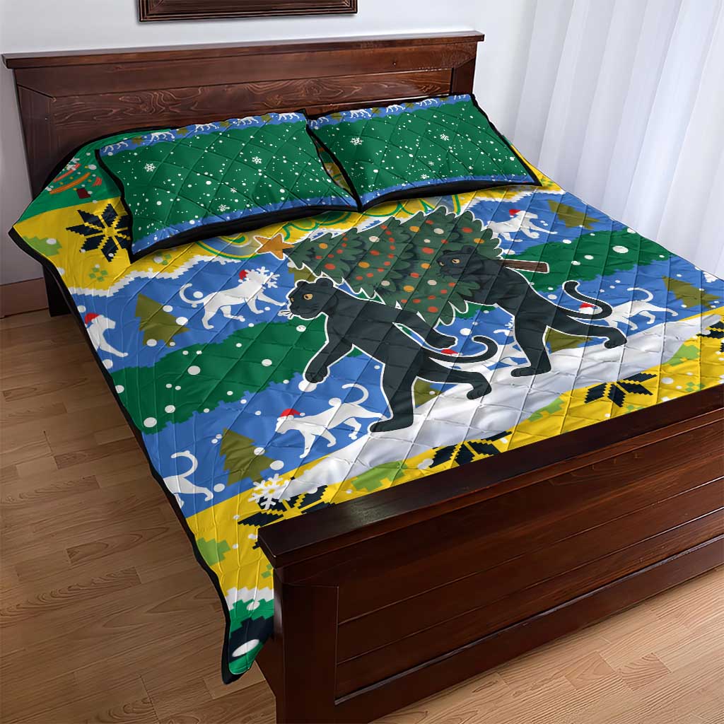 Gabon Christmas Quilt Bed Set with Black Panthers Carrying Tree and Green Yellow Snowflake Pattern - Wonder Print Shop