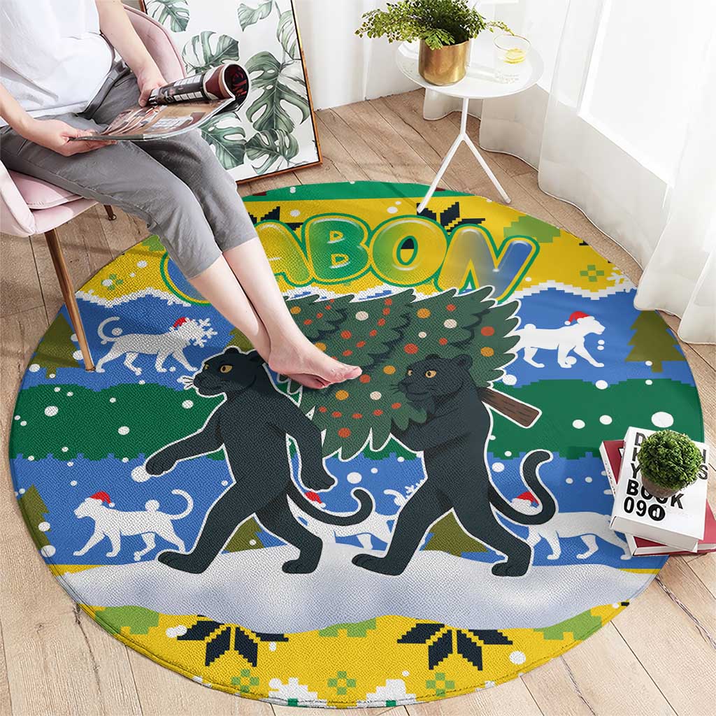 Gabon Christmas Round Carpet with Black Panthers Carrying Tree and Green Yellow Snowflake Pattern - Wonder Print Shop