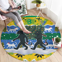 Gabon Christmas Round Carpet with Black Panthers Carrying Tree and Green Yellow Snowflake Pattern - Wonder Print Shop