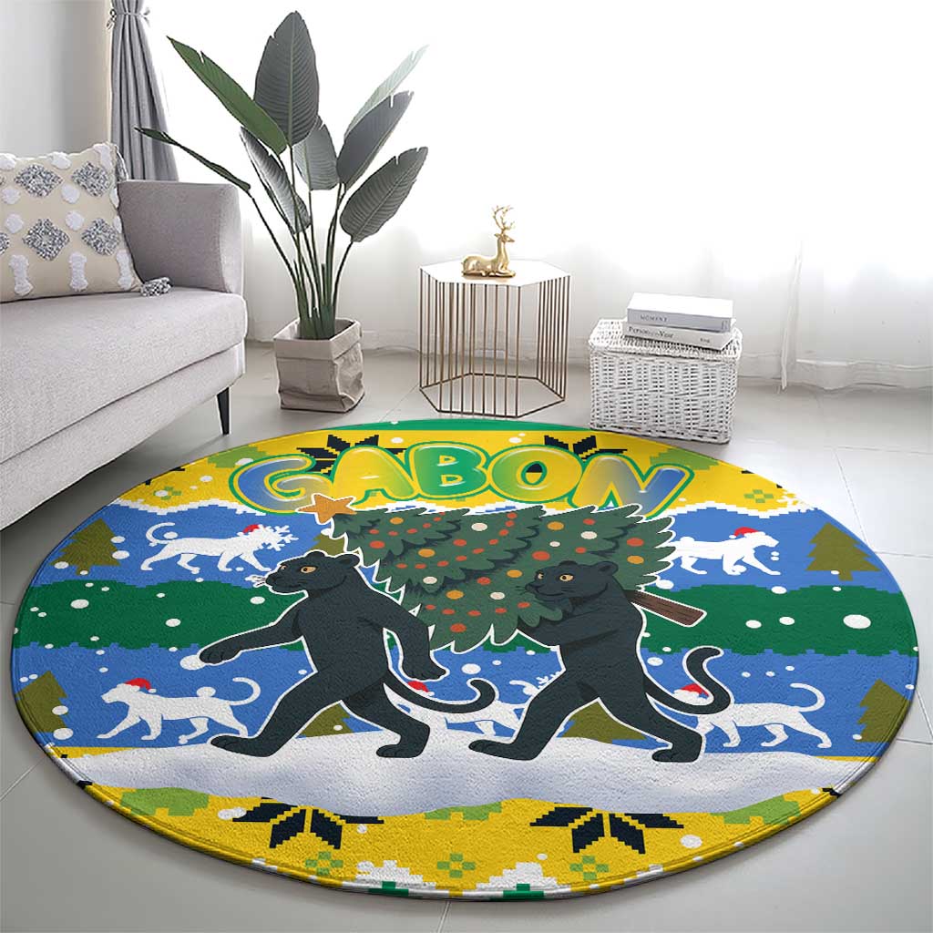 Gabon Christmas Round Carpet with Black Panthers Carrying Tree and Green Yellow Snowflake Pattern - Wonder Print Shop