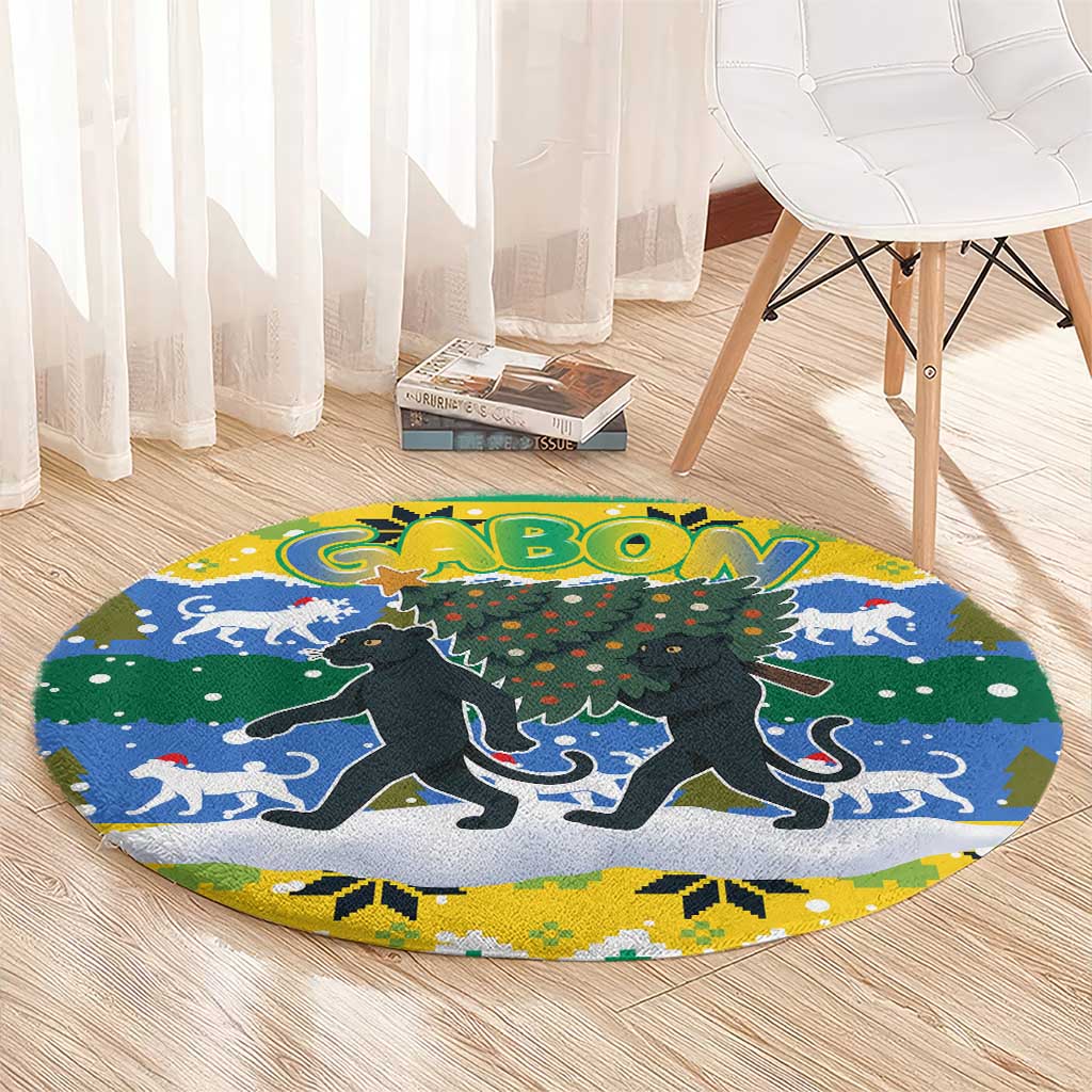 Gabon Christmas Round Carpet with Black Panthers Carrying Tree and Green Yellow Snowflake Pattern - Wonder Print Shop