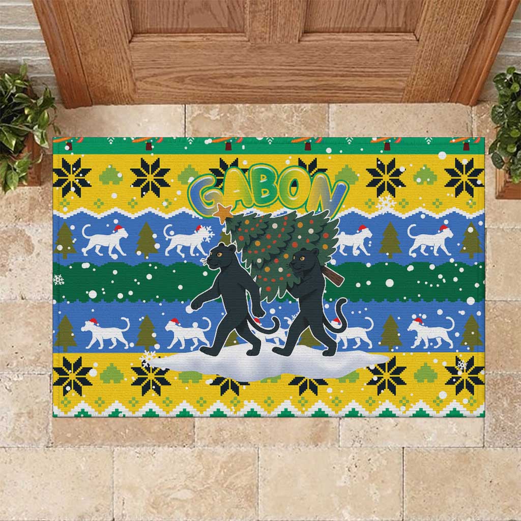 Gabon Christmas Rubber Doormat with Black Panthers Carrying Tree and Green Yellow Snowflake Pattern - Wonder Print Shop
