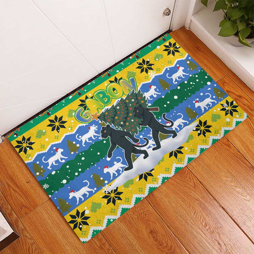 Gabon Christmas Rubber Doormat with Black Panthers Carrying Tree and Green Yellow Snowflake Pattern - Wonder Print Shop