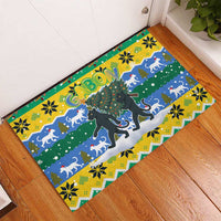 Gabon Christmas Rubber Doormat with Black Panthers Carrying Tree and Green Yellow Snowflake Pattern - Wonder Print Shop