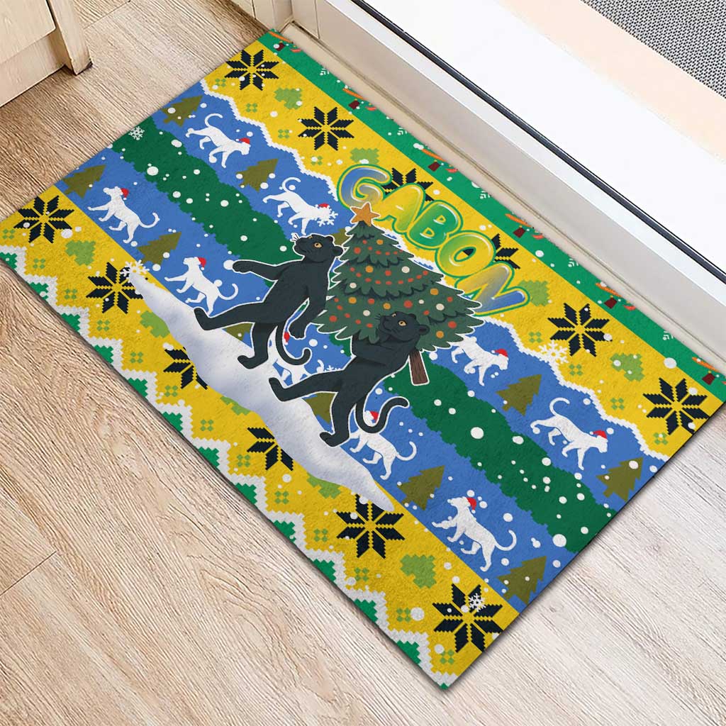 Gabon Christmas Rubber Doormat with Black Panthers Carrying Tree and Green Yellow Snowflake Pattern - Wonder Print Shop