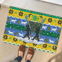 Gabon Christmas Rubber Doormat with Black Panthers Carrying Tree and Green Yellow Snowflake Pattern - Wonder Print Shop