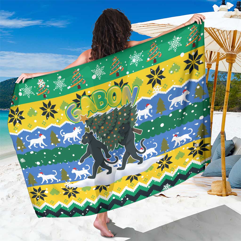 Gabon Christmas Sarong with Black Panthers Carrying Tree and Green Yellow Snowflake Pattern - Wonder Print Shop