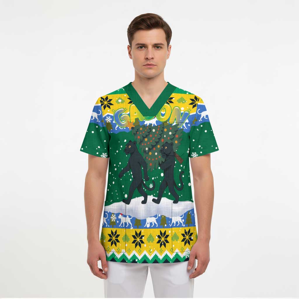 Gabon Christmas Scrub Top with Black Panthers Carrying Tree and Green Yellow Snowflake Pattern - Wonder Print Shop