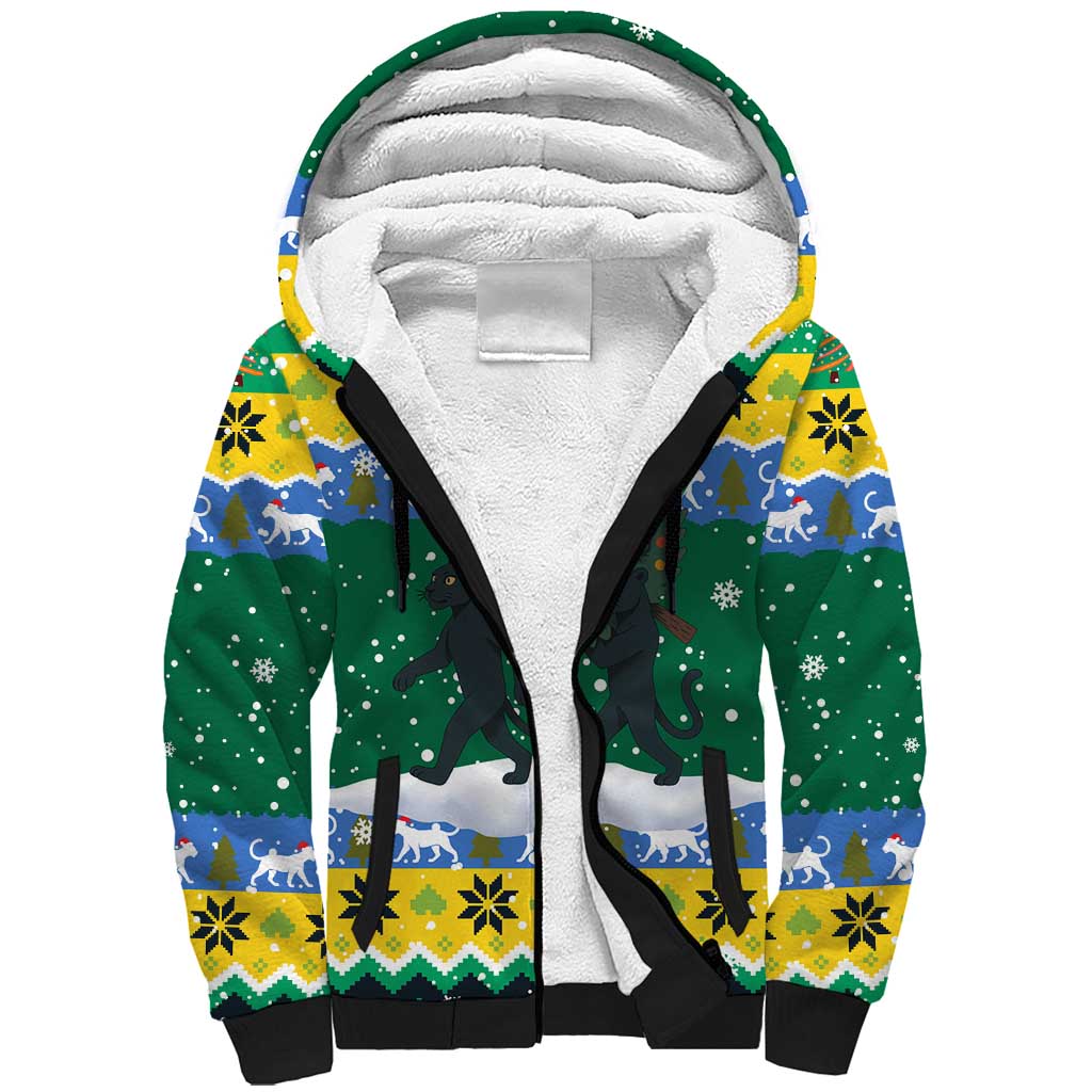 Gabon Christmas Sherpa Hoodie with Black Panthers Carrying Tree and Green Yellow Snowflake Pattern - Wonder Print Shop