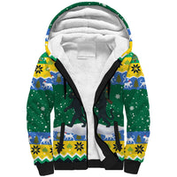Gabon Christmas Sherpa Hoodie with Black Panthers Carrying Tree and Green Yellow Snowflake Pattern - Wonder Print Shop